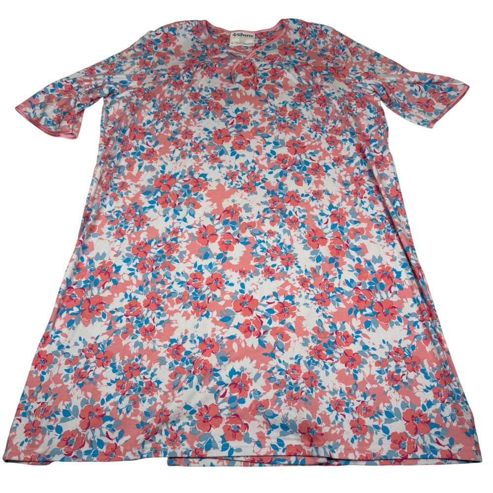 Silverts 2XL Floral Snap Closure Adaptive Nightgown Sleep Dress Floral Pink Blue